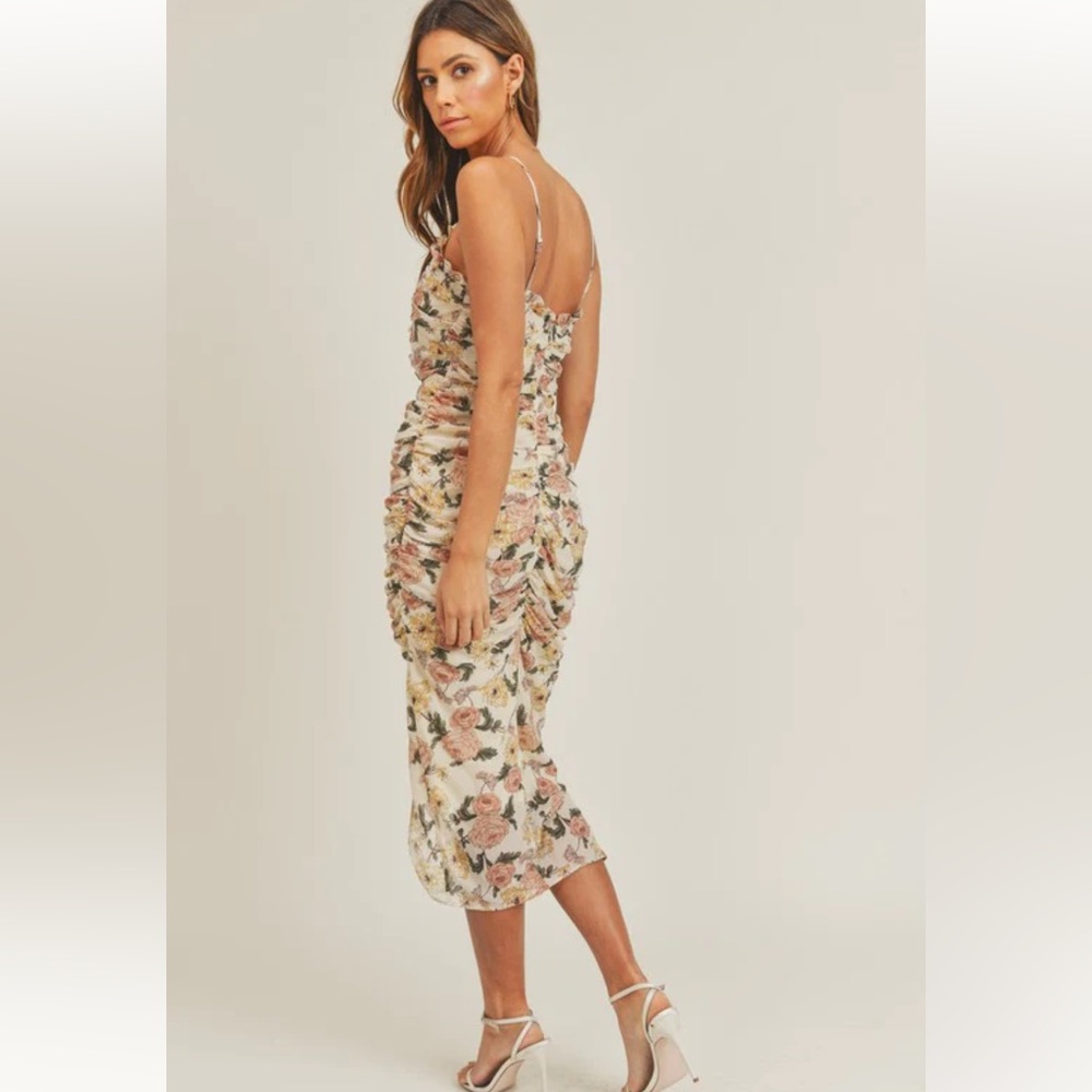 Vici Floral Ruched Midi Dress in Cream with Pink & Green Accents - Picture 6 of 16